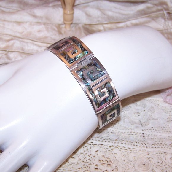 Los Ballesteros Sterling Silver Abalone Inlay Link Bracelet - Greek Key Design - Picture 3 of 9